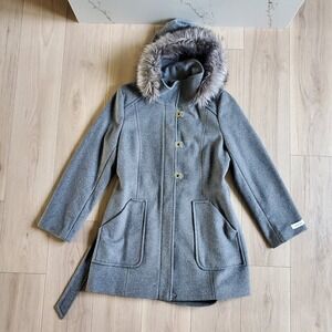 Calvin Klein Hooded Coat Womens 16 Gray Wool Blend Belted Faux Fur Trim Winter